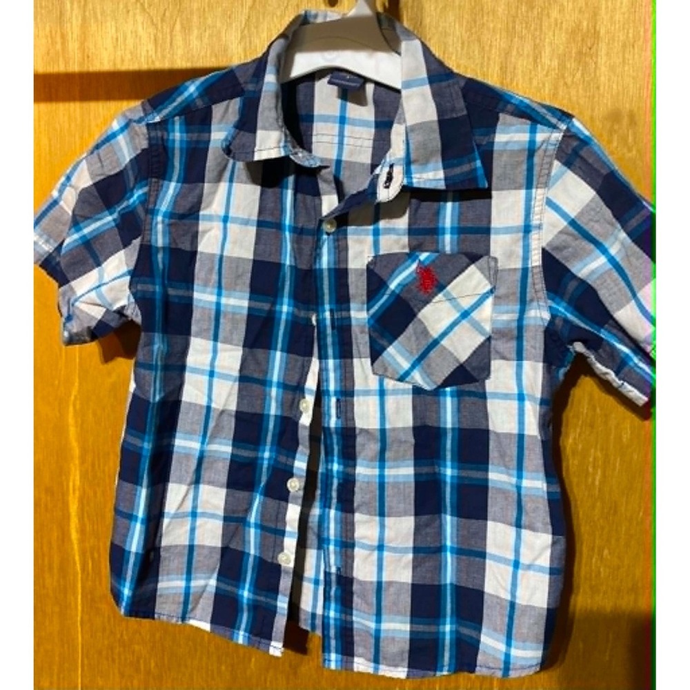 Boys US POLO Association Blue White Plaid Button Down Shor Sleeve Shirt Collar 7